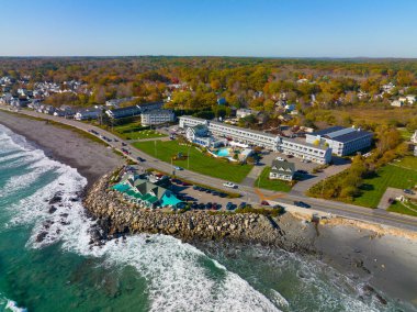 Long Sands Beach aerial view in fall in village of York Beach in town of York, Maine ME, USA.  clipart