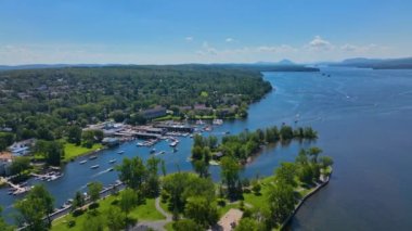 Magog city aerial view at the mouth of Magog River to Lake Memphremagog, Magog, Memphremagog County, Quebec QC, Canada. 