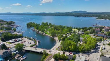 Magog city aerial view at the mouth of Magog River to Lake Memphremagog, Magog, Memphremagog County, Quebec QC, Canada. 