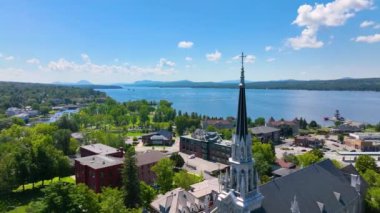 Saint Patrice Church aerial view at 115 Rue Merry N in historic downtown of Magog, Memphremagog County, Quebec QC, Canada. 