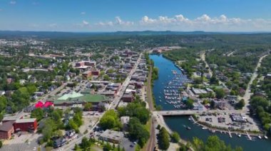Magog city aerial view at the mouth of Magog River to Lake Memphremagog, Magog, Memphremagog County, Quebec QC, Canada. 
