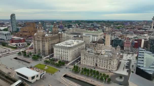 Three Graces Building Including Royal Liver Building Cunard Port Liverpool — Stock video