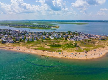 Plum Island Beach aerial view at the northern most point of Plum Island at the mouth of Merrimack River to Atlantic Ocean, Newburyport, Massachusetts MA, USA.  clipart