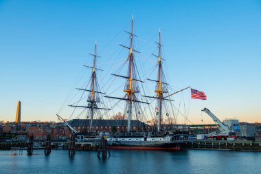 USS Constitution is a three masted wooden hulled heavy frigate of the United States Navy docked at Charlestown Navy Yard in Boston, Massachusetts MA, USA. She is the world's oldest ship still afloat.  clipart