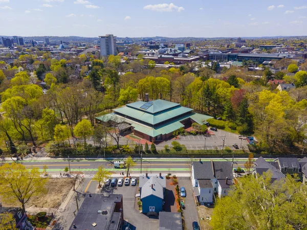 stock image American Academy of Arts and Sciences headquarter aerial view in spring in Cambridge, Massachusetts MA, USA. 