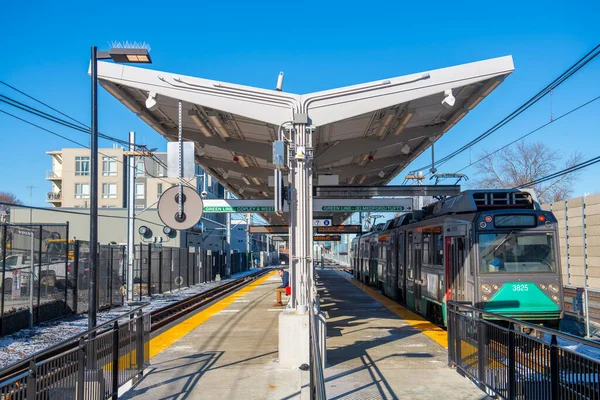 stock image MBTA Green Line Ansaldo Breda Type 8 train at Ball Square station in Medford and Somerville, Massachusetts MA, USA. Green Line Extension opened on Dec. 12, 2022. 