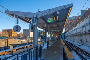 Boston Metro MBTA Green Line Gilman Square istasyonu Somerville, Massachusetts MA, ABD. İstasyon, Yeşil Hat uzantısı 12 Aralık 2022 'de açıldı..