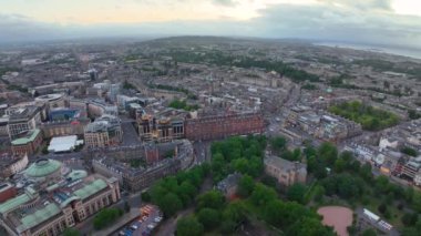 New Town aerial view on Princes Street at Queensferry Street and Shandwick Place with St Mary's Cathedral in Edinburgh, Scotland, UK. New Town Edinburgh is a UNESCO World Heritage Site since 1995. 