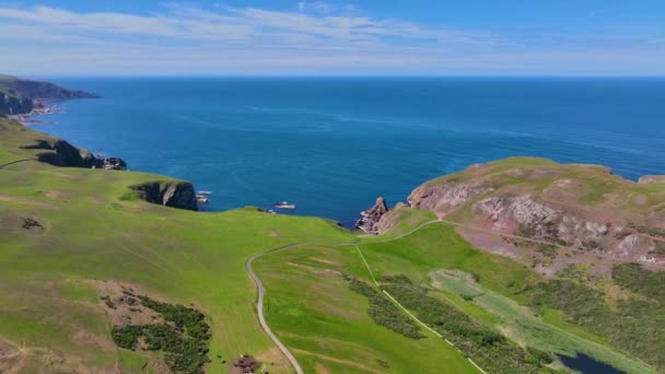 Abbs英国スコットランド バーウィックスシャー州のSt Abbsの村の近くで夏の海岸の崖の空中ビューを頭 — ストック動画