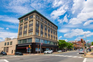 Historic commercial building at 390 Main Street in historic city center of Malden, Massachusetts MA, USA. 