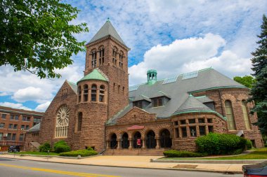 First Baptist Church of Malden at 493 Main Street in historic city center of Malden, Massachusetts MA, USA. 