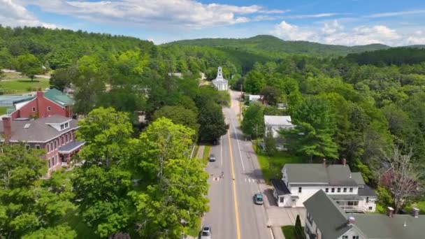 New Hampton Historic Center Including Community Church Town Hall Aerial — Stockvideo