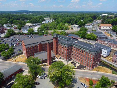 Spicket Falls Mill at Spicket River aerial view Methuen downtown in historic city center of Methuen, Massachusetts MA, USA. 