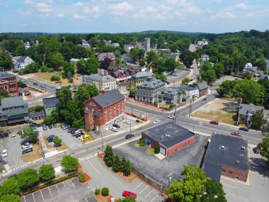 Methuen downtown aerial view at Pleasant Street and Broadway in historic city center of Methuen, Massachusetts MA, USA. 