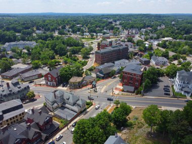 Methuen downtown including Spicket Mill at Spicket River aerial view at Pleasant Street and Broadway in historic city center of Methuen, Massachusetts MA, USA. 
