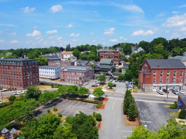 Methuen downtown aerial view at Pleasant Street and Broadway in historic city center of Methuen, Massachusetts MA, USA. 