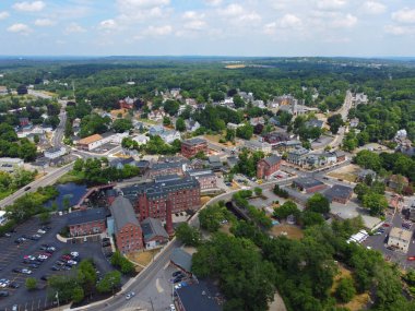 Methuen downtown including Spicket Mill at Spicket River aerial view at Pleasant Street and Broadway in historic city center of Methuen, Massachusetts MA, USA. 