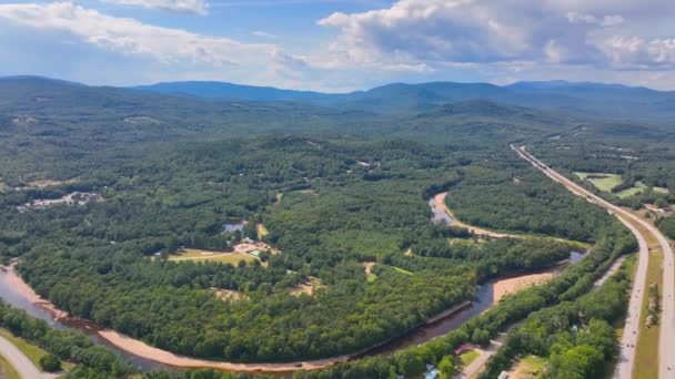 Aerial View Campton Mountain Pemigewasset River Interstate Highway Summer White — Stock Video