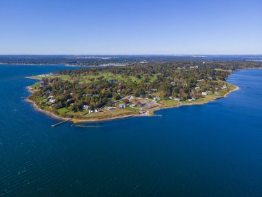 Aerial view of Warwick Point including Warwick Lighthouse in city of Warwick, Rhode Island RI, USA. 