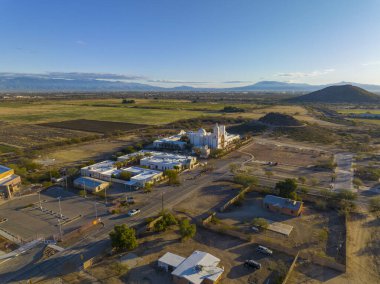 Mission San Xavier del Bac aerial view in Tohono O'odham Nation Indian Reservation near city of Tucson, Arizona AZ, USA. 
