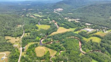 Baker River and Rumney historic center aerial view in summer in White Mountain National forest, Rumney, New Hampshire NH, USA. 