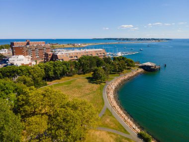 Aerial view of Lynn Heritage State Park and Lynn Yacht Club Marina at the coast of Massachusetts Bay in downtown Lynn, Massachusetts MA, USA. 