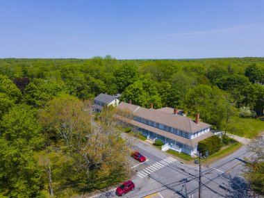 Thompson Hill Tarihi Bölgesi hava manzarası, Thompson Hill köyü, Connecticut CT, ABD 'deki ortak kilise ve kasaba içerir.. 