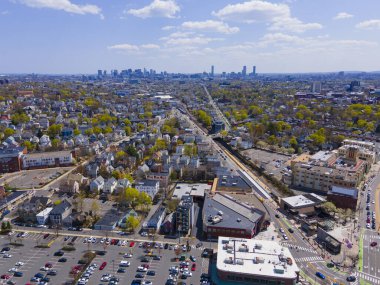 Porter Square aerial view on Massachusetts Avenue at Somerville Avenue in spring in city of Cambridge, Massachusetts MA, USA. 