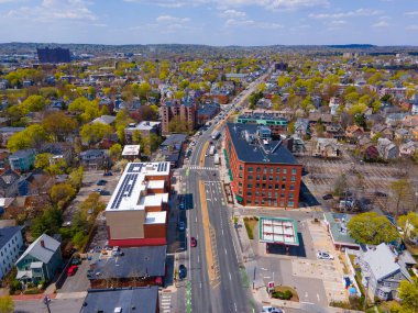Porter Square aerial view on Massachusetts Avenue at Somerville Avenue in spring in city of Cambridge, Massachusetts MA, USA. 