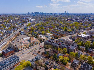Porter Square aerial view on Massachusetts Avenue at Somerville Avenue in spring in city of Cambridge, Massachusetts MA, USA. 