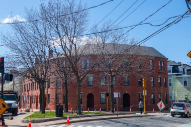 Historic commercial buildings at 41 Bow Street at Union Square in city of Somerville, Massachusetts MA, USA. 