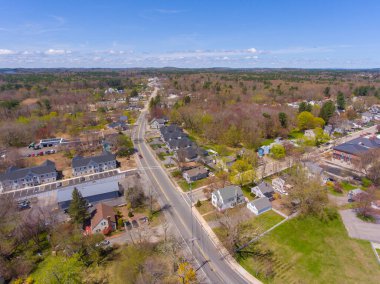 Salisbury town center aerial view including Town Hall, Town Common and Public Library in spring, town of Salisbury, Massachusetts MA, USA. 
