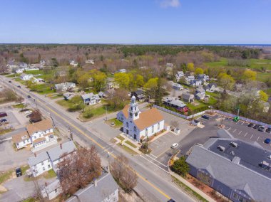 Salisbury town center aerial view including Town Hall, Town Common and Public Library in spring, town of Salisbury, Massachusetts MA, USA. 
