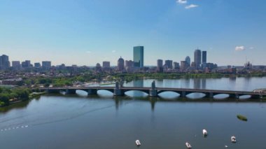 Longfellow Bridge aerial view that connects city of Cambridge and Boston over Charles River with Back Bay skyline, Boston, Massachusetts MA, USA. 