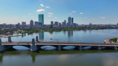 Longfellow Bridge aerial view that connects city of Cambridge and Boston over Charles River with Back Bay skyline, Boston, Massachusetts MA, USA. 