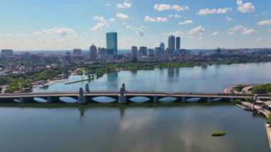 Longfellow Bridge aerial view that connects city of Cambridge and Boston over Charles River with Back Bay skyline, Boston, Massachusetts MA, USA. 