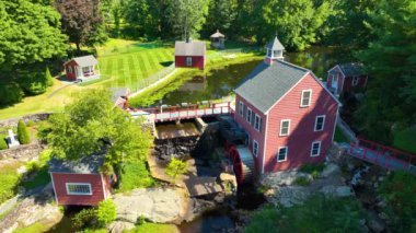 Russell Mill aerial view on River Meadow Brook in Russell Millpond in town of Chelmsford, Massachusetts MA, USA. 