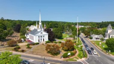 First Parish Unitarian Church aerial view on Town Common in historic town center of Chelmsford, Massachusetts MA, USA.