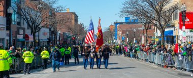 Military March in Saint Patrick's Day Parade in Boston, Massachusetts MA, USA.