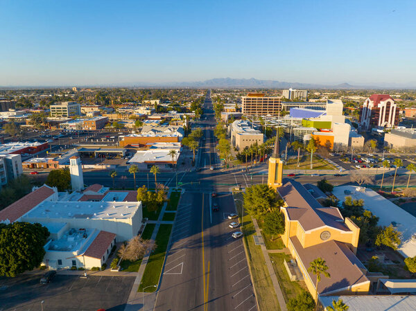 Mesa city center aerial view including Church of Jesus Christ of Latter day Saints and First United Methodist Church on Center Street at 1st Avenue at sunset, Mesa, Arizona AZ, USA.