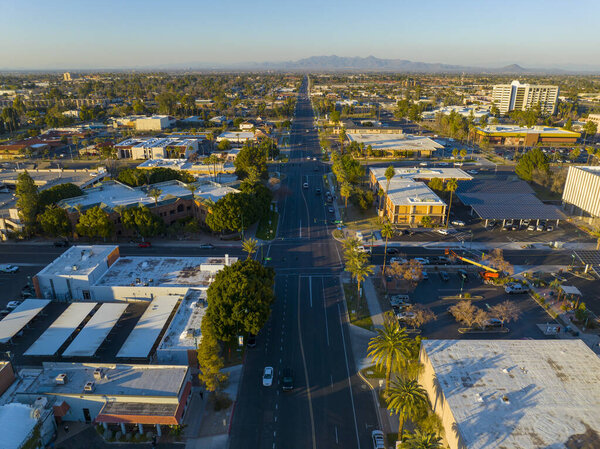 Mesa city center aerial view on Center Street at Pepper Place at sunset, Mesa, Arizona AZ, USA.