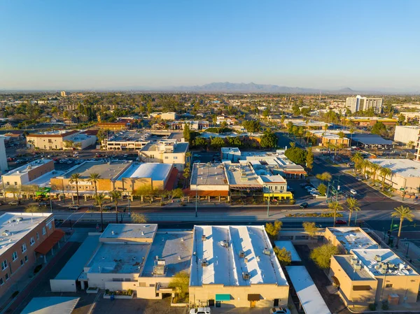 stock image Mesa city center aerial view on Main Street between Center Street and MacDonald Street at sunset, Mesa, Arizona AZ, USA. 