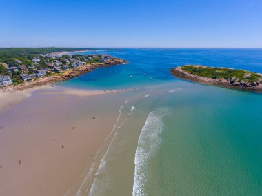 Yazın Gloucester, Cape Ann, Massachusetts MA, ABD 'de Good Harbor Beach ve Salt Island hava manzarası.
