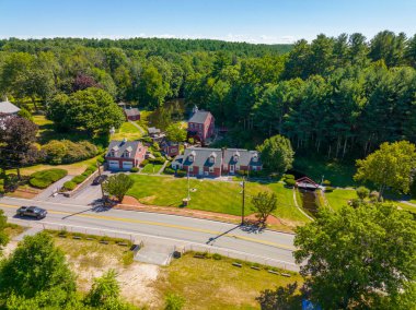 Russell Mill aerial view on River Meadow Brook in Russell Millpond in town of Chelmsford, Massachusetts MA, USA. 