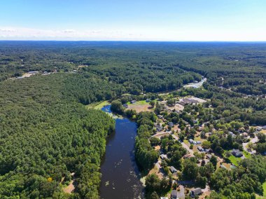 Russell Millpond aerial view on River Meadow Brook near Russell Mill in town of Chelmsford, Massachusetts MA, USA. 
