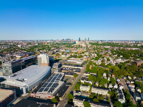 stock image Brighton historic center and Boston Landing aerial view with Boston Back Bay skyline at the background in city of Boston, Massachusetts MA, USA. 