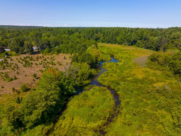 stock image Russell Millpond aerial view on River Meadow Brook near Russell Mill in town of Chelmsford, Massachusetts MA, USA. 