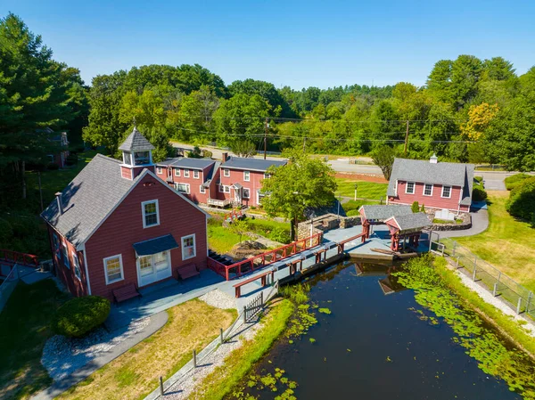 stock image Russell Mill aerial view on River Meadow Brook in Russell Millpond in town of Chelmsford, Massachusetts MA, USA. 