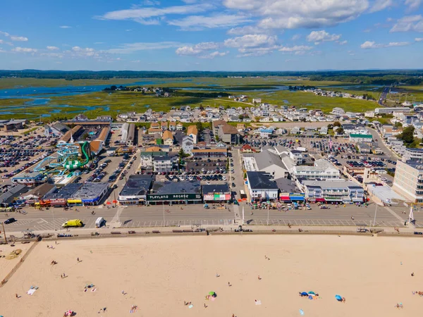 stock image Hampton Beach aerial view including historic waterfront buildings on Ocean Boulevard and Hampton Beach State Park, Town of Hampton, New Hampshire NH, USA.