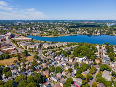 North River and Danvers River aerial view at the river mouth to the Atlantic at Salem Neck historic district in city of Salem, Massachusetts MA, USA.  clipart